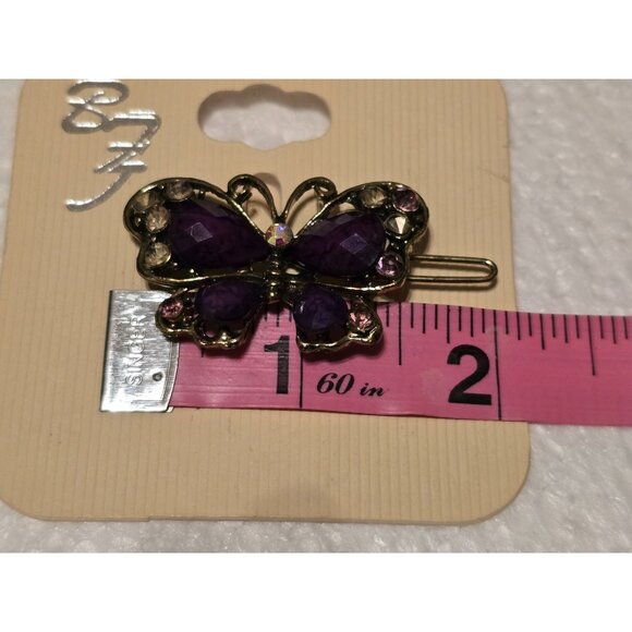 Purple Butterfly Hair Clip Barrette With Rhinestone Accents & Gold-Tone Finish - Picture 2 of 3